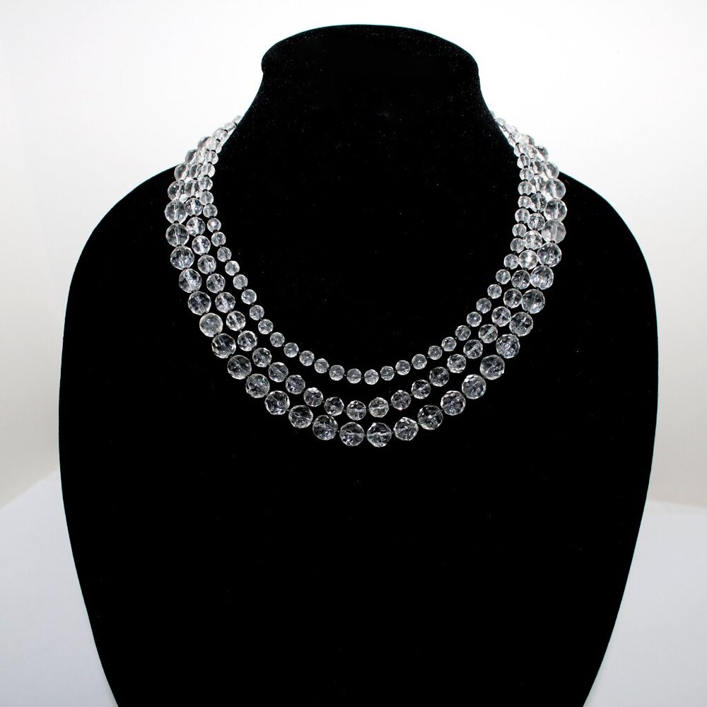 Older Express 3 Strand or Multi Layer Clear Facet Bead Lobster Clasp Necklace - Picture 9 of 9
